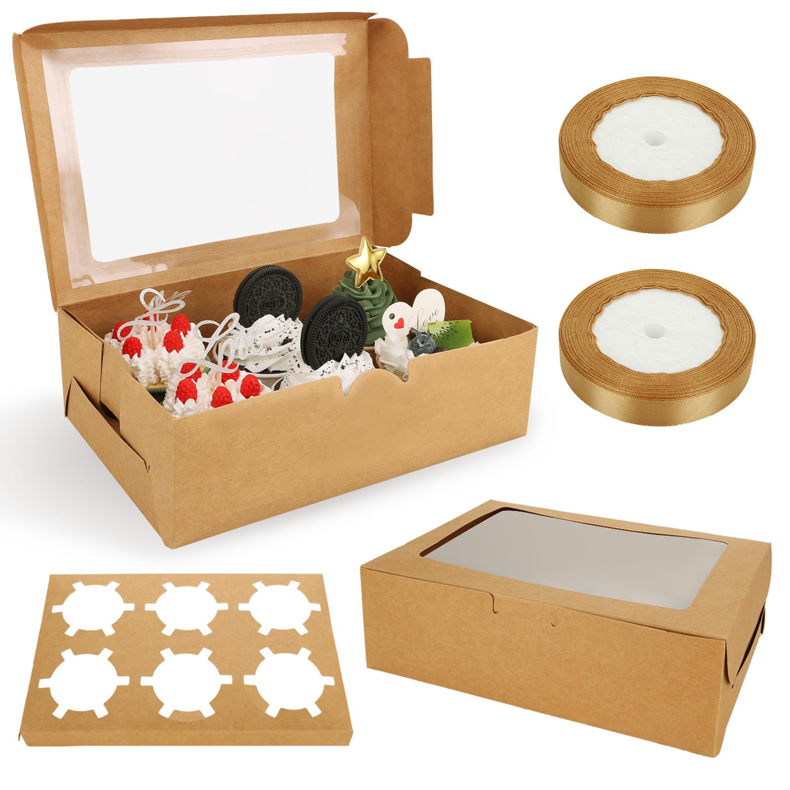 ZOFUN 50 Pack Kraft Cupcake Boxes 6 Hole, 24 x 16 x 7.5cm Cup Cakes Boxes with 2 Rolls Ribbon, Bulk Cardboard Cupcake Box with Clear Window, Brown Cupcake Container for Cookie Muffin