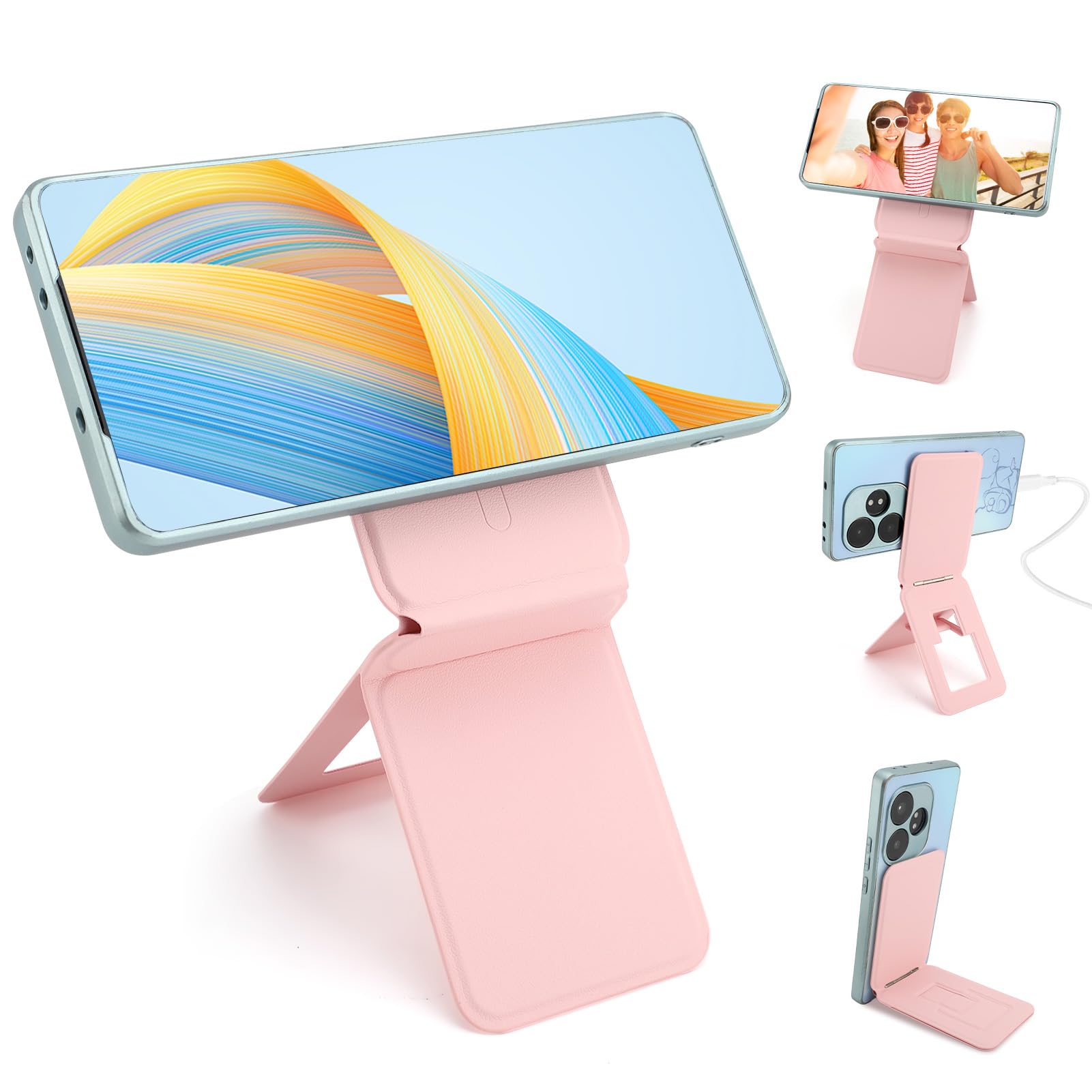 Phone Stand, Foldable Magnetic Phone Tripod, Angle Adjustment & Strong Magnets PU Leather Phone Stand, Compatible with All Smart Phone 16/15/14/13/12(Pink)