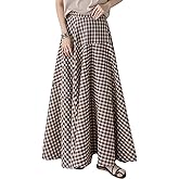 SOMTHRON Women's Retro Plaid Maxi Skirt A Line Pleated Flared Elastic High Waisted Gingham Summer Swing Long Skirt