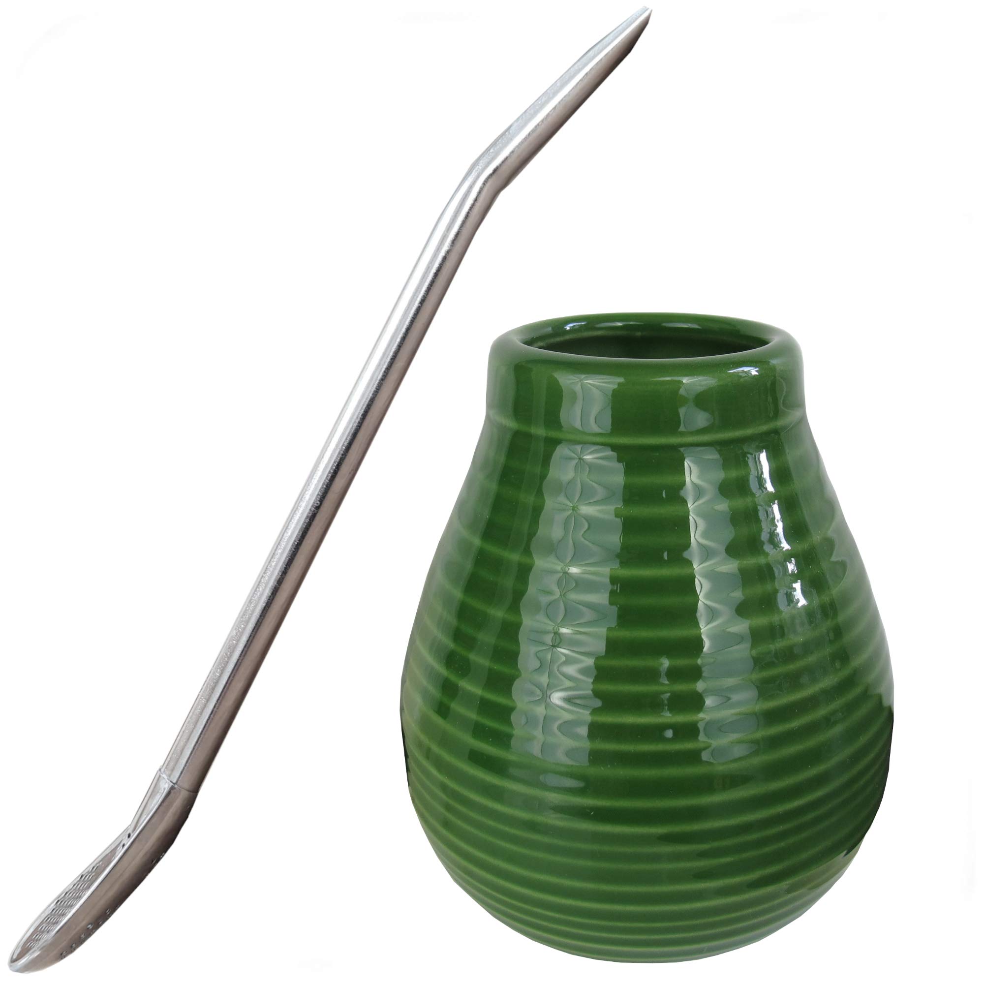 Gaucho Bruno Yerba Mate Ceramic Cup with Stainless Steel Bombilla Drinking Straw - Reusable, Slip-Proof Gripping and Easy Cleaning - for Home and Travel Use - 400ml - Green