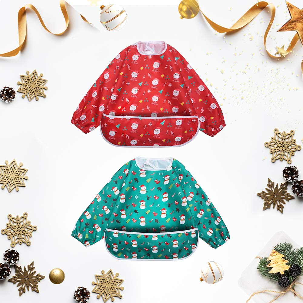 Little Dimsum Long Sleeves Toddler Weaning Bibs |Sleeved Baby Waterproof Feeding Coverall Set | Catching Food & Wipe Clean 6-36 Months (Christmas bib)