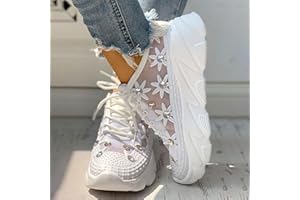 LWEHONT Platform Wedge Fashion Sneakers for Women Girls Rhinestones Flower Chunky Bottom Heels Walking Running Tennis Shoes Lightweight Breathable Mesh Lace Up Low Top Athletic Sport Shoes for (White, 9)