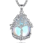 Vito Tree of Life Necklace for Women Men, Silver Plated Copper Teardrop Moonstone/Obsidian/Turquoise/Amethyst/Malachite Crystal Tree Necklace Protection Energy Amulet Jewelry Gift for Mom Wife, 20+2"