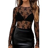 GKBK Womens Mesh Long Sleeve Tops Crew Neck Sexy See Through Tee Shirts Party Club Night Lace Blouse