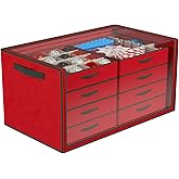 Dicasser Christmas Ornament Storage with 8 Tray Dividers-Adjustable for 128-3” 72-4” 32-6” Holiday Ornaments, Fit Many Sizes Ornaments (Body Red-Cover Clear)