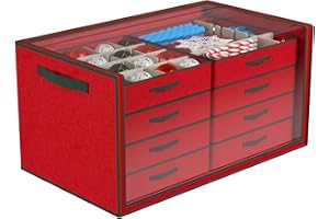 Dicasser Christmas Ornament Storage with 8 Tray Dividers-Adjustable for 128-3” 72-4” 32-6” Holiday Ornaments, Fit Many Sizes Ornaments (Body Red-Cover Clear)