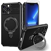 Fudley iPhone 13 Pro Max Magnetic Case [Compatible with MagSafe] with 2 Tempered Glass Screen Protectors with Ring Kickstand,Military Grade Heavy Duty for iPhone 13 Pro Max Case 6.7'' Black