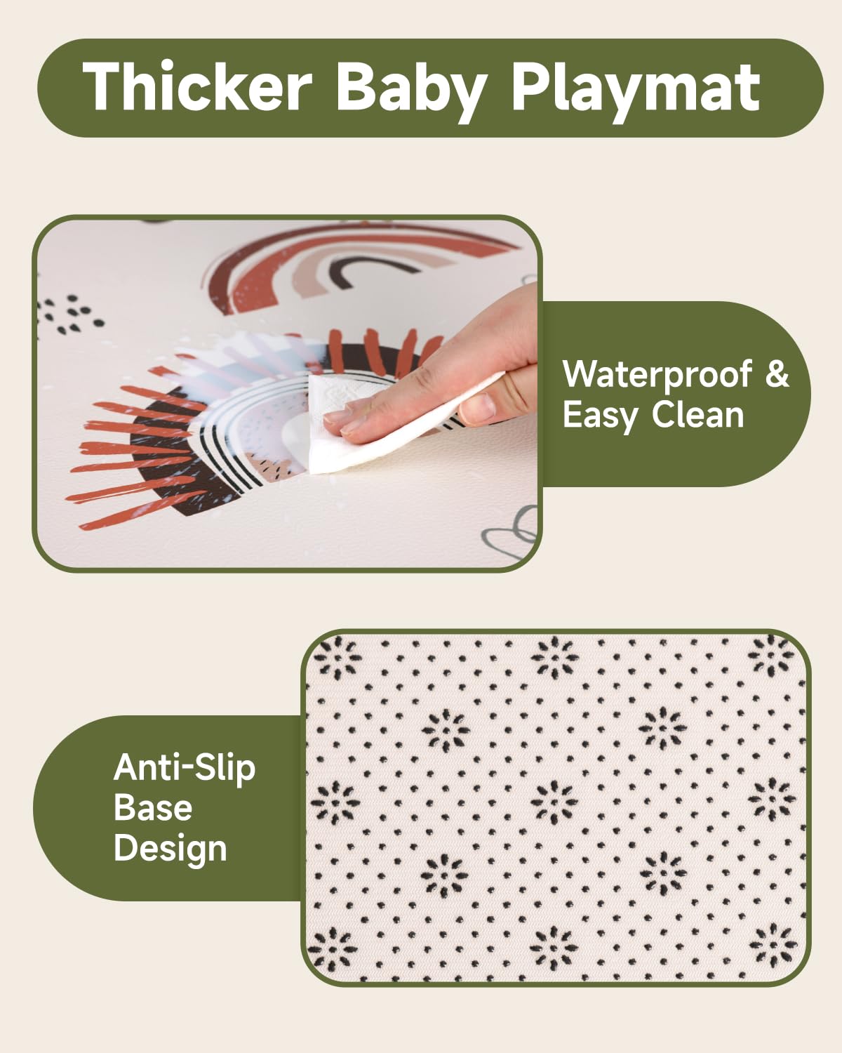 Baby Floor Play Mat,Soft Thick Foam Padded Tummy Time Mat,Waterproof Wipeable Kids Playmat for Babies 6-12 Months,Non-Slip Bottom for Crawling to Nursery Playpen,Rainbow