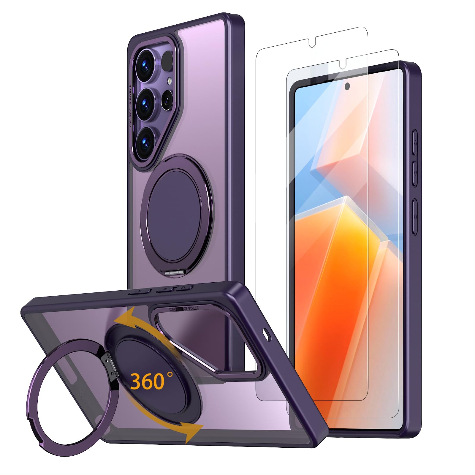 HCXLYP Magnetic Stand Case for Samsung Galaxy S25 Ultra [with 2 Tempered Glass Film] [360° Rotation Magnetic Stand] [Compatible with Magsafe] Military-Grade Drop Protection Case, Purple