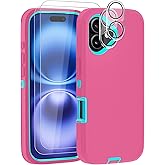 Case for iPhone 16 Case 6.1" with 2 Screen Protector + 2 Camera Lens Protector, Full Body Heavy Duty Military Grade Cover, Shockproof/Drop Proof Protection Phone Case (Pink Blue)