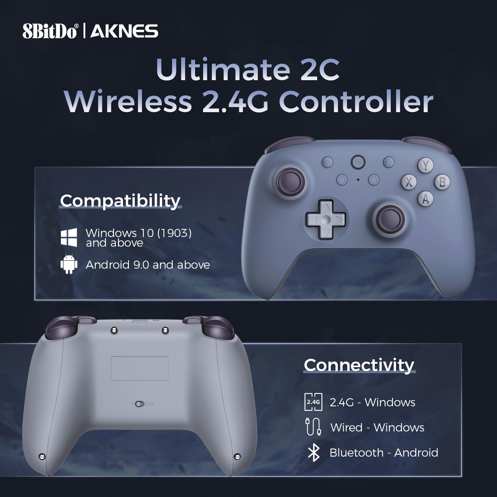 AKNES 8Bitdo Ultimate 2C Wireless 2.4G Controller for Windows PC and Android, Gamepad with Hall Effect Joysticks and Hall Triggers, 1000Hz Polling Rate, Remappable L4/R4 Bumpers - Blueberry