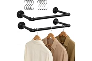 Aduanbang Industrial Wall Mounted Pipe Clothing Rack, 21.6 Inch Heavy Duty Black Iron Garment Bar, Detachable Hanging Rod for