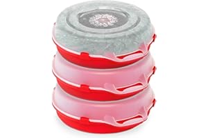 HOMZ 3-Pack Seasonal Holiday Decorative Wreath Storage Organizer, 24 Inch, Red & Clear - Round Plastic Christmas Decoration Holder for Wreaths and Garlands w/ 4-Way Latches Built-In Handle