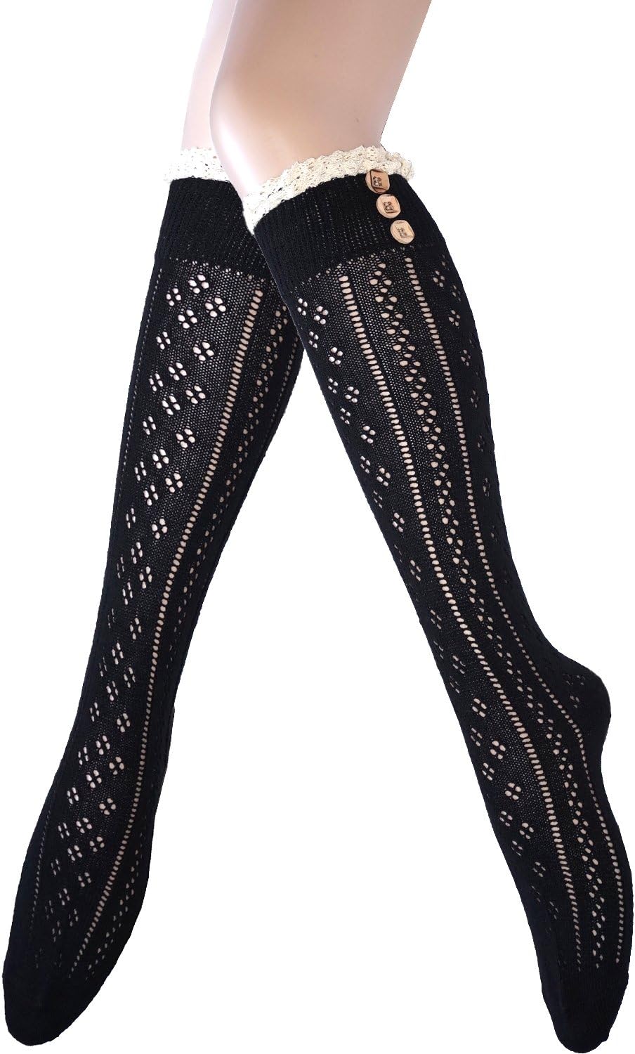 Ladies cotton crochet knee high socks with lace & buttons