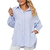 Lu's Chic Women's Long Sleeve Shirt Soft Stripe Blouse Top Boyfriend Work Bishop Sleeve Button Down Shirts