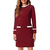Wenrine Womens Work Dress Business Casual Contrast Color Elegant Long Sleeve Knit Loose Mini Dress