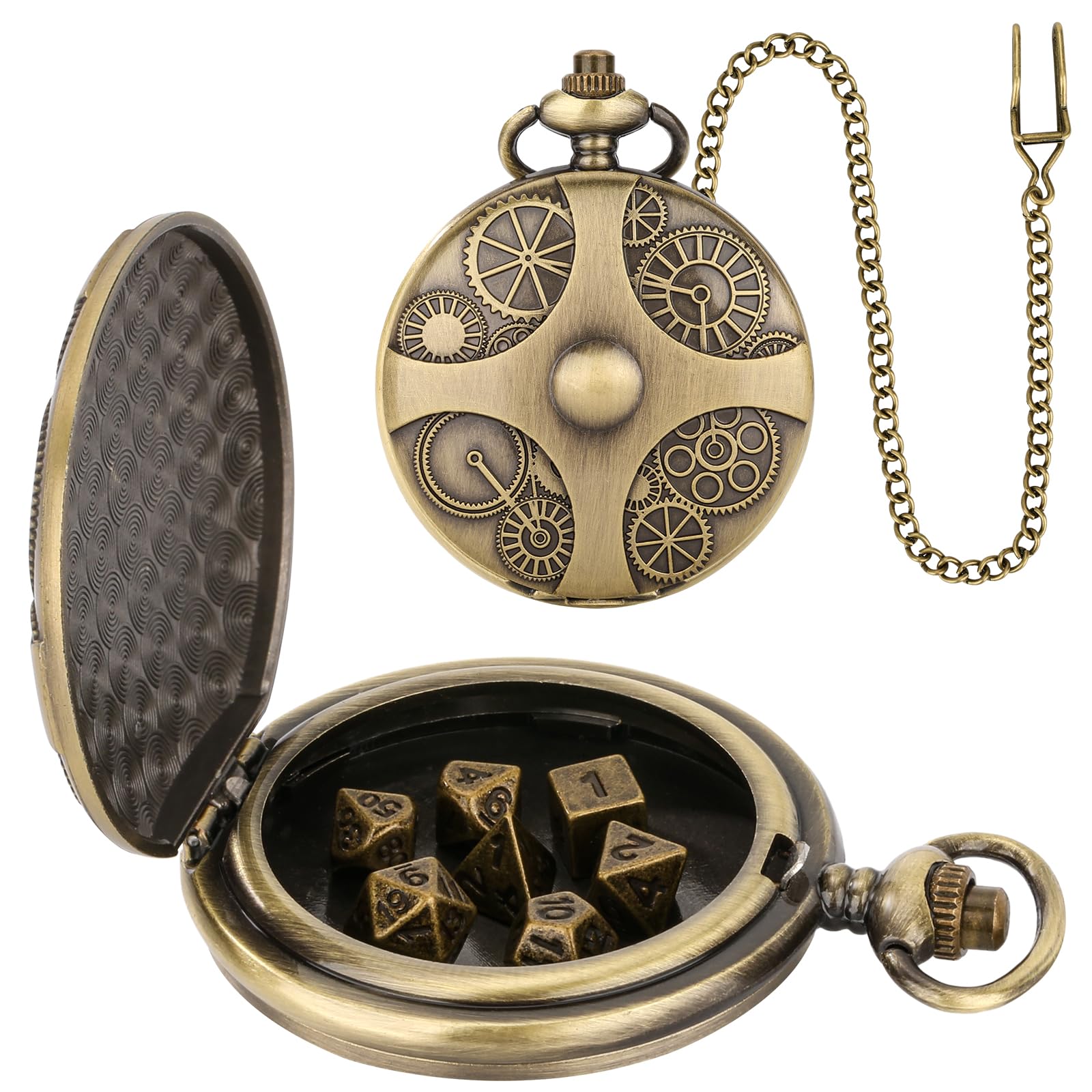 Mini Dnd Dice Set with Bronze Steampunk Gear Pocket Watch Shell Case, 7pcs Polyhedral Metal D&D Dice Set, DND Gifts with Gift Box, Role Playing Board Games Accessories