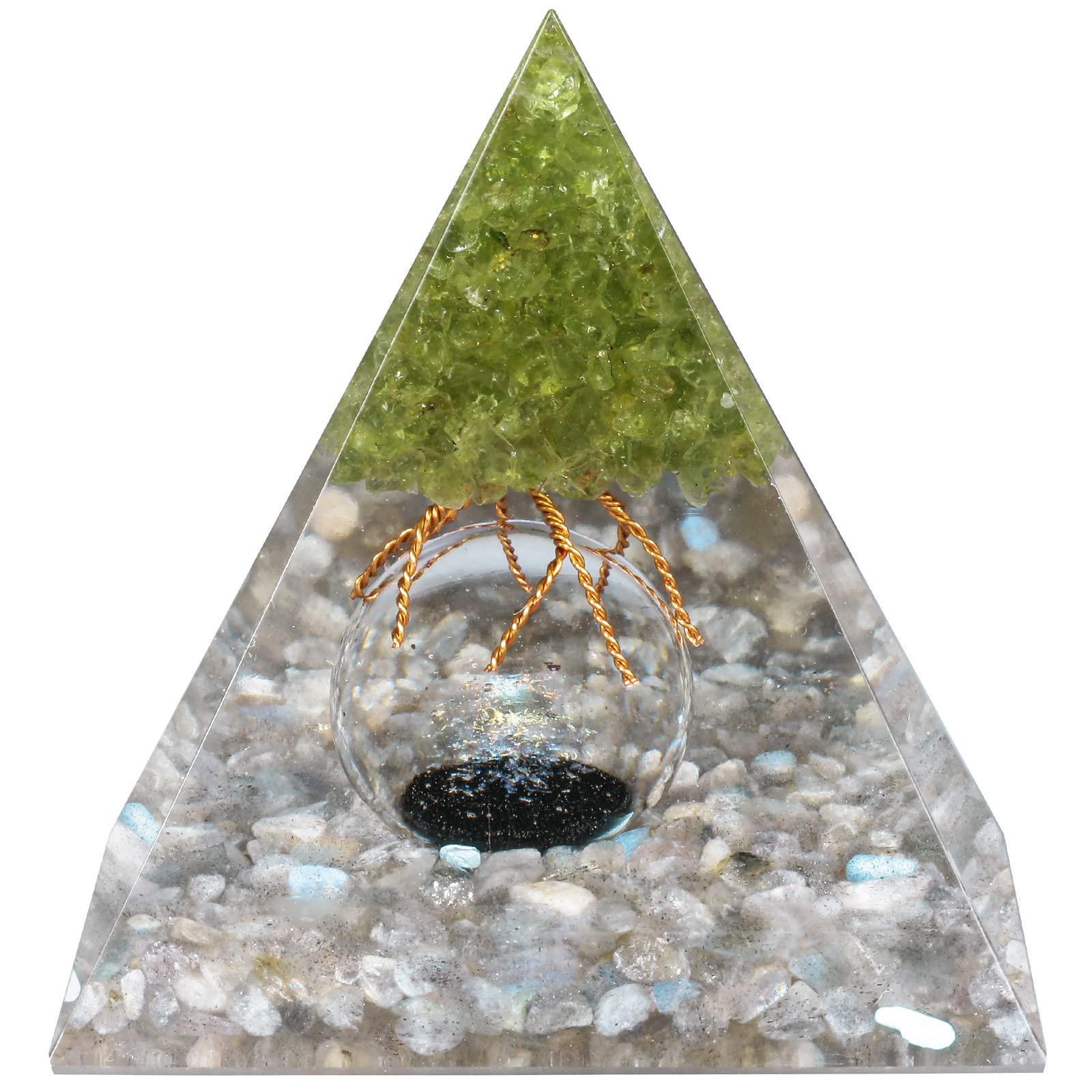 Nupuyai Peridot Tree of Life Labradorite Crystal Piramid with Glass Crystal Ball, Spiritual Healing Stone Pyramid Quartz Point Ornament for Protection Home Decor