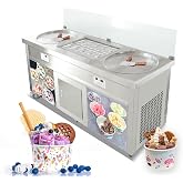 Kolice Commercial 22" Double Round Pans Thai Fried Ice Cream Machine Roll Ice Cream Machine-ETL NSF,Smart AI Temperature Control, Full Transparent Sneeze Guard,10 Refrigerated Small Buckets