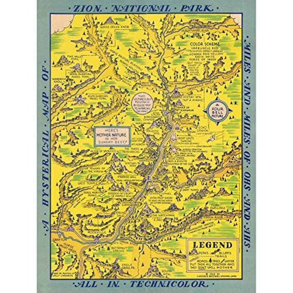 Artery8 Map Lindgren 1939 Zion National Park Art Print Canvas Premium Wall Decor Poster Mural
