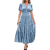 Umimore Women's Fall Velvet Maxi Dress Solid Elegant Winter Short Sleeve V Neck Elastic Waist Wedding Guest Party Long Dress
