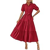 MASCOMODA Womens Summer Dresses 2025 Short Sleeve Maxi Dress Casual V Neck Button Down Tiered A Line Flowy Midi Shirt Dress