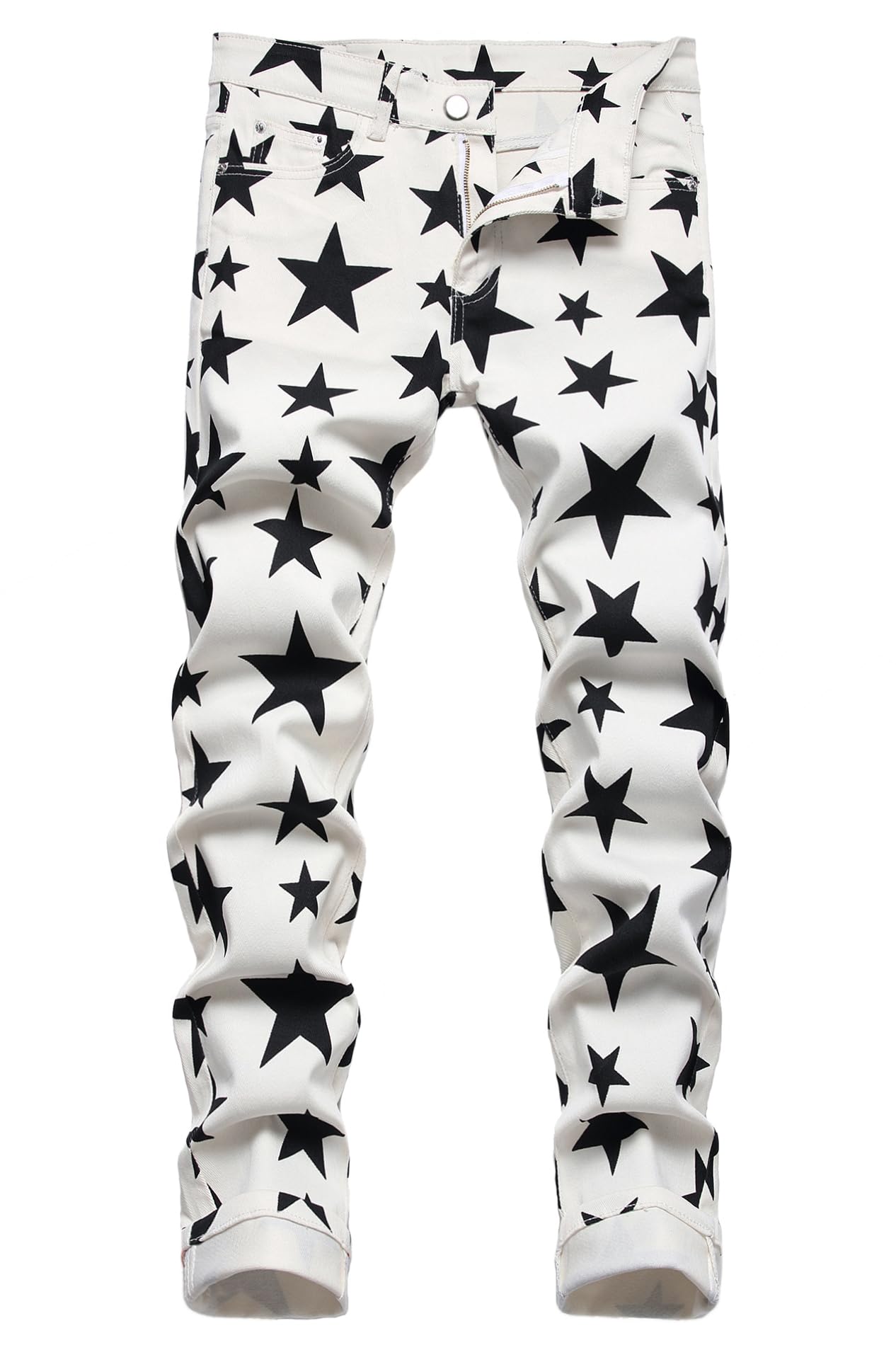 Photo 1 of Kengue Men's Straight Slim Fit Star Pattern Printed Jeans Skinny Denim Pants,5692 White,Size 32