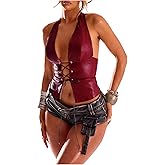 BEAUDRM Women's PU Leather Halter Tank Top Lace Up Front Crop Top Sleeveless Y2K Backless Top