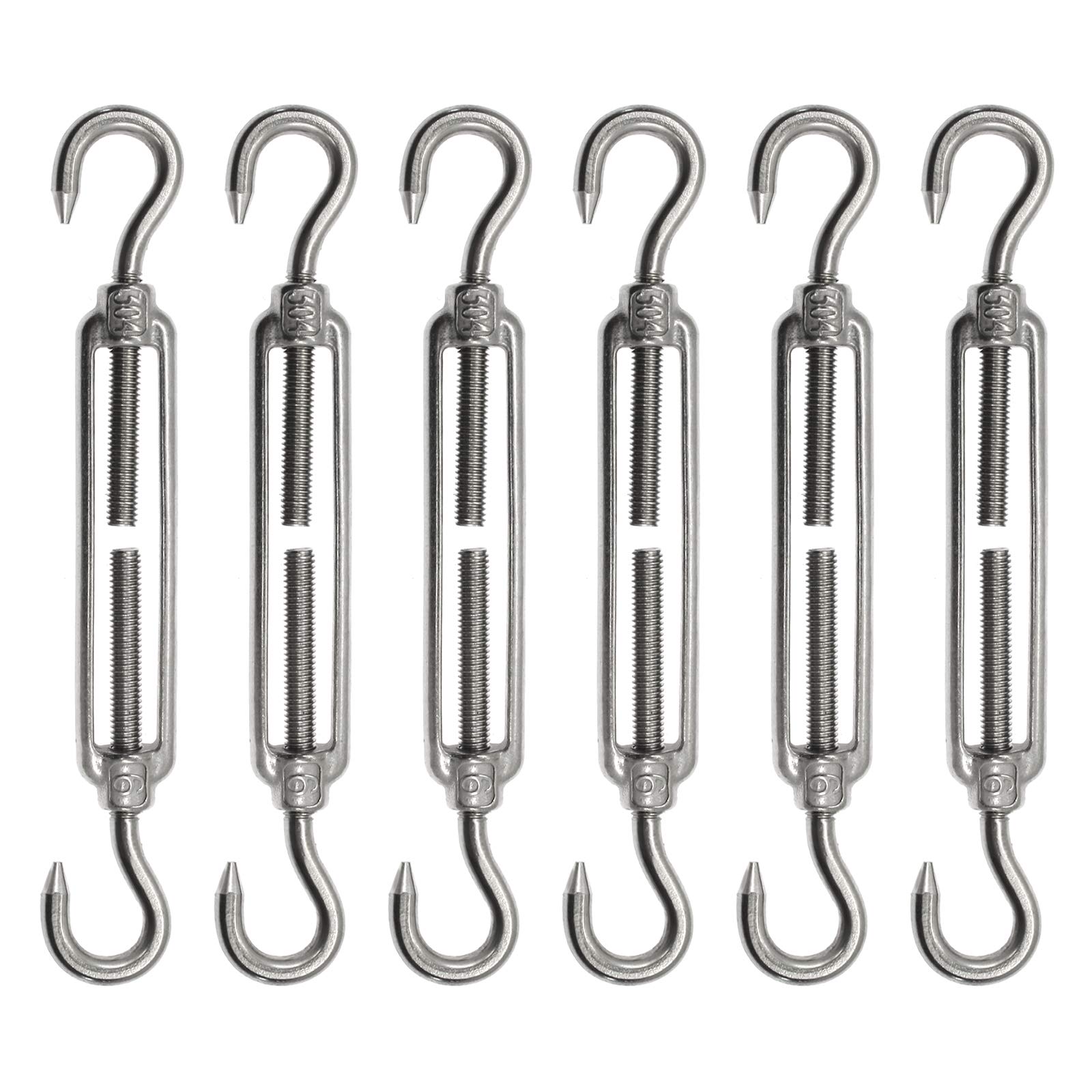 PHITUODA 6pcs M6 Stainless Steel 304 Hook & Hook Turnbuckles Adjustable Wire Rope Tensioner