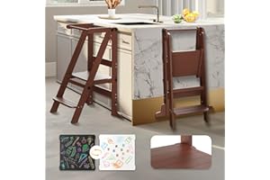 SAUCE ZHAN Toddler Tower Foldable, Kitchen Step Stool Helper with Safety Railing & 3 Adjustable Heights, Standing Tower with Double-Sided Drawing Board, Montessori Kitchen Tower for Kids Learning (Walnut Brown)