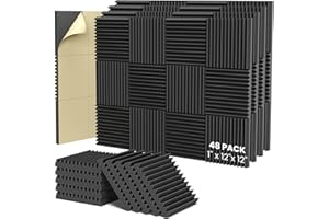 HEMRLY Acoustic Foam Panels,1" X 12" X 12" Self-Adhesive Sound Proof Foam Panels,Acoustic Panels Absorb Noise Quickly,High Density Soundproof Wall Panels for Gaming Room,Home Studio(48 Pack Black)