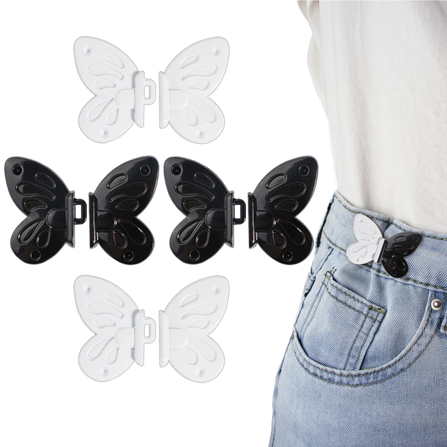 RichLuck 4 Pairs Metal Jeans Buttons Pins, Black and White Butterfly Waist Tightener for Trousers, No Sew and No Tools Adjustable Jeans Waist Tightener Clips