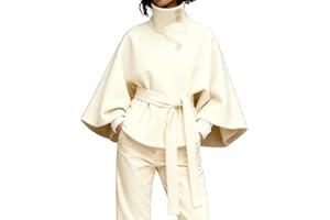 Hooever Women Batwing Sleeve Ponchos Pea Coat Wool Bland Stand Collar Jacket Winter Cropped Overcoat