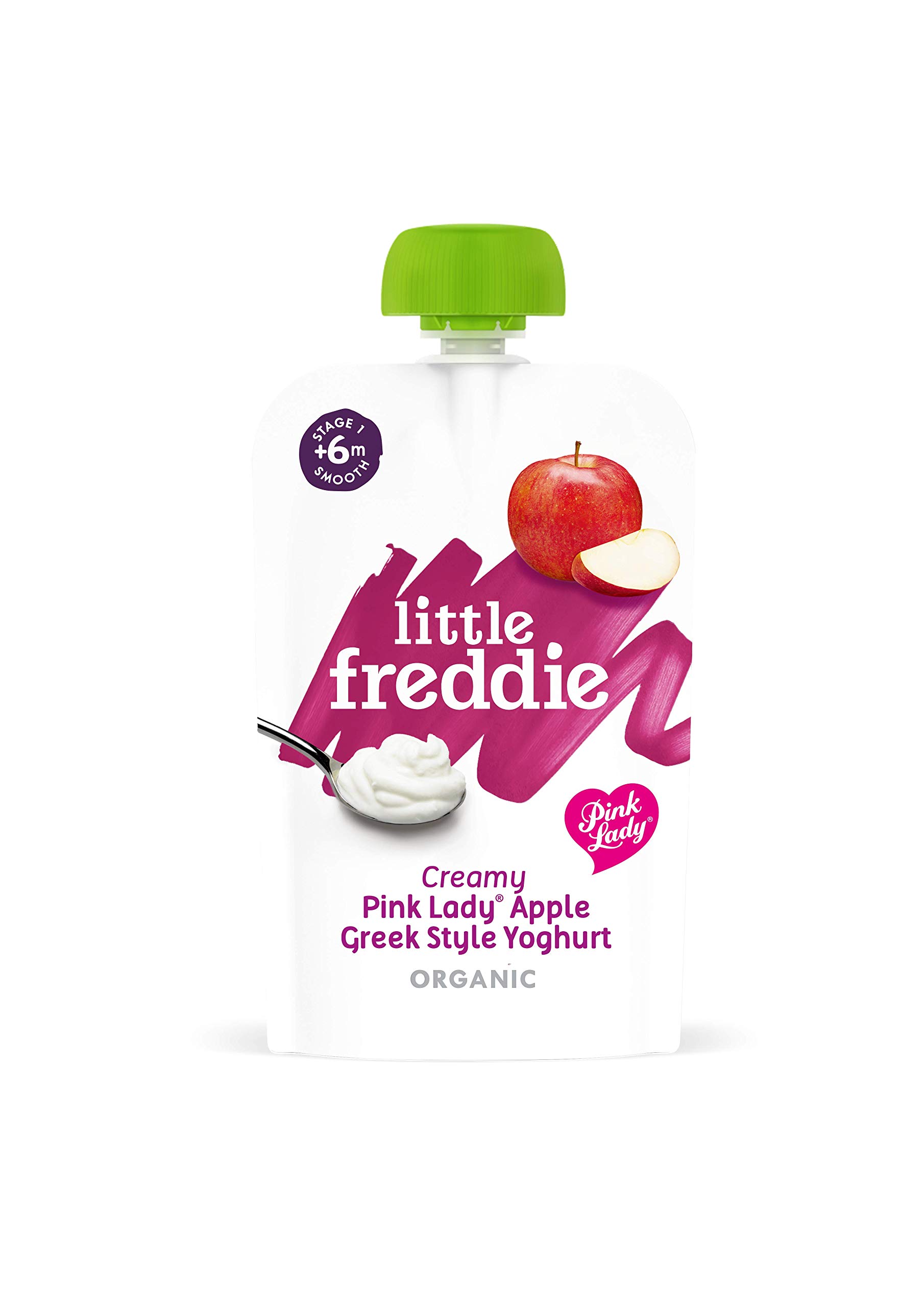 Little Freddie Organic Baby Food Stage 1 from 6 Months Creamy Apple Greek Style Yoghurt 6x100g, Pink Lady Yoghurt, 600 gram