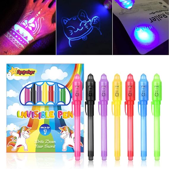 Amteker Geheimstift mit UV Licht Kinder, 7 Stück Zauberstifte UV Stift Kleine Geschenke Adventskalender Kinder, Unsichtbarer 