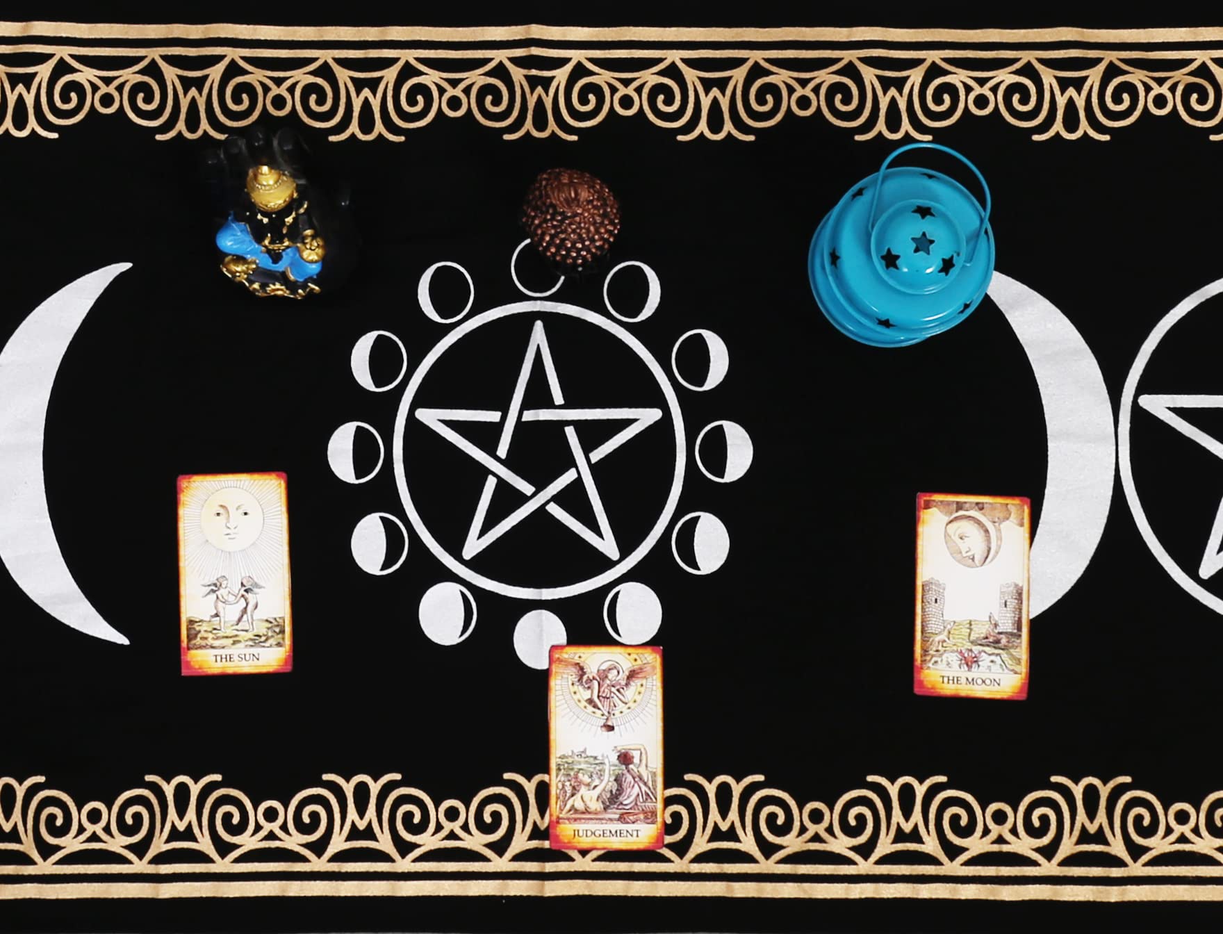 Indian Consigners Altar Cloth Witchcraft Moon Phases Triple Moon Long Side Tablecloth for Spiritual Use