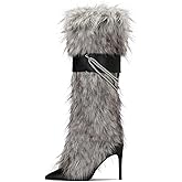 Ouwilov Women’s Faux Fur High Heel Boots – Furry Stiletto Boots with Chain Detail & Stretch Knit Inner Shaft Elegant Winter Fur Boot Heels for Fashion Outfits & Cold Weather