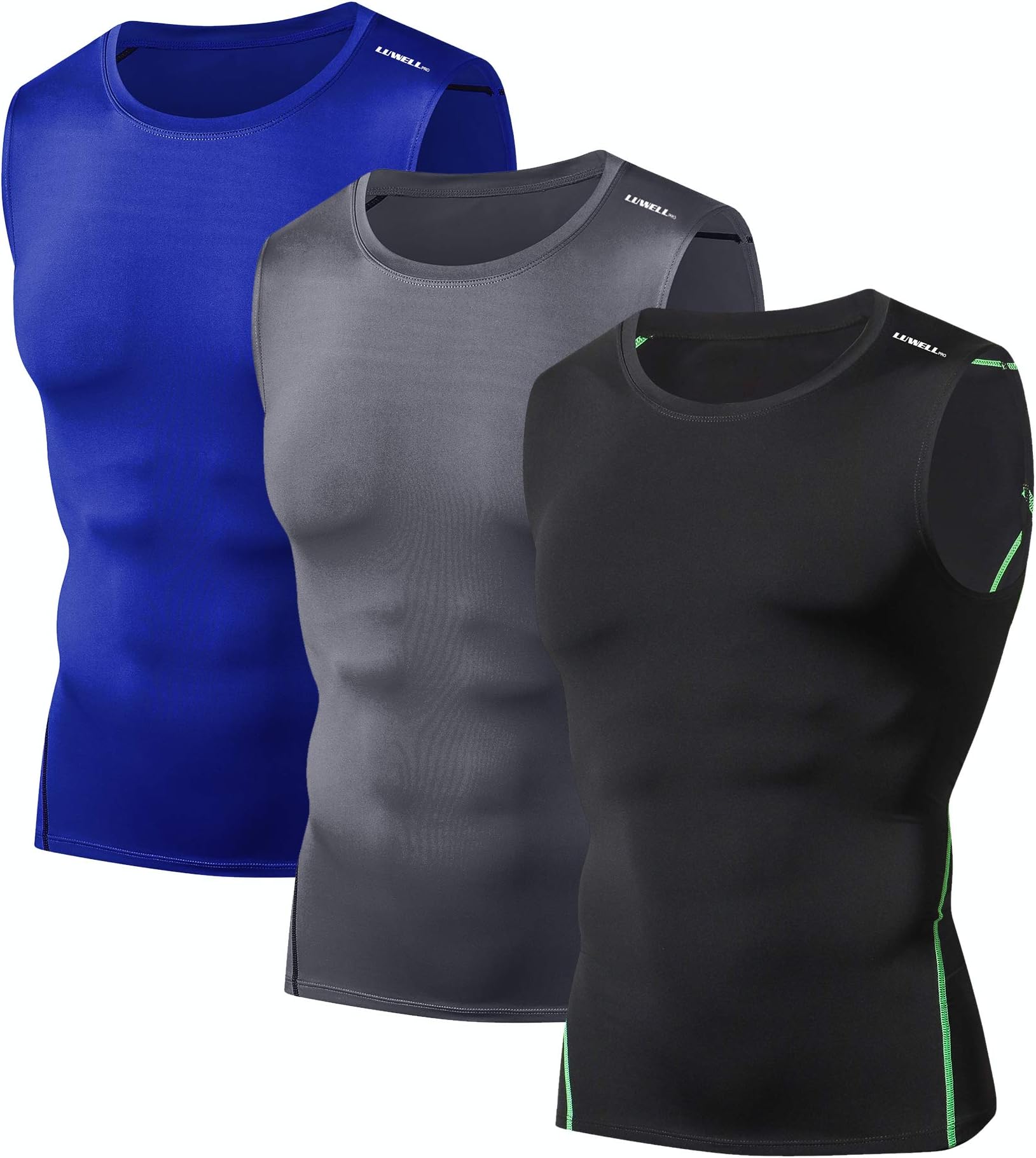 LUWELL PRO Compression Tops for Men Quick Dry 3 Pack Vest Tops T Shirts Mens Running Tank Top for Training,Basketball,Gym