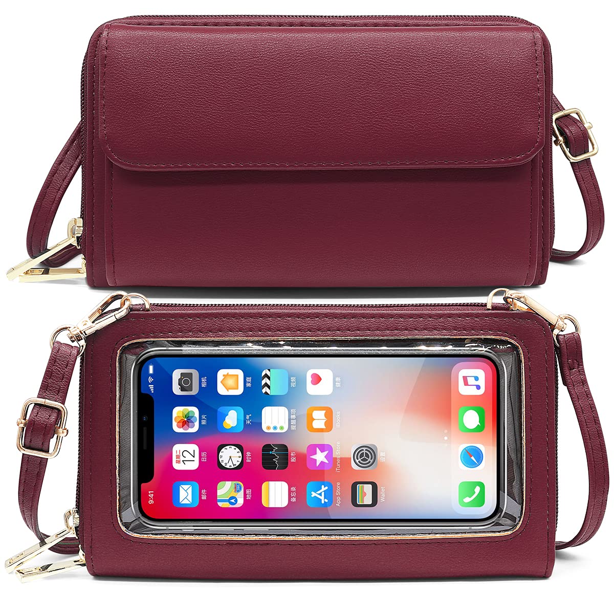 HNOOM Women's RFID Blocking Cross Body Phone Bag with Shoulder & Wrist Strap, Fits Phone Under 6.9 Inch (Wine Red)