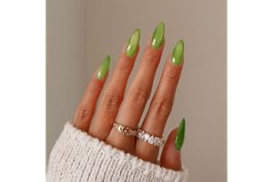 XENOPHOER Cat Eye Press on Nails Medium Almond Green Fake Nails Acrylic Glue on Nails with Silver Glitter Designs Full Cover Faux Nails Press ons for Women Daily Wear 24 Pcs