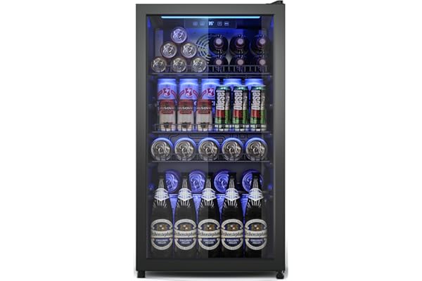 3.2 Cu.Ft Beverage Fridge, Mini Fridge With Glass Door, Beverage Cooler Refrigerator, Wine Drink Beer Fridge, Adjustable Shelves & Digital Temperature Display, 26 Bottle 128 Can