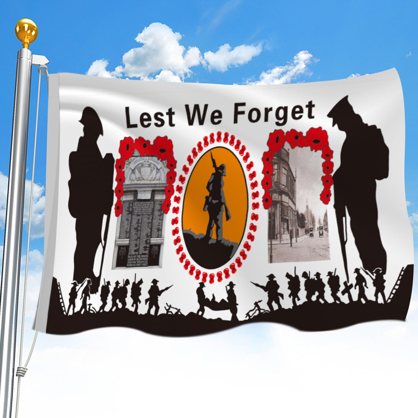 QSUM Lest We Forget Flag, Remembrance Flags 5ft x 3ft with Eyelets, Poppy Flag for Memorial Day/Remembrance Day Gifts/Outdoor/Indoor Decorations