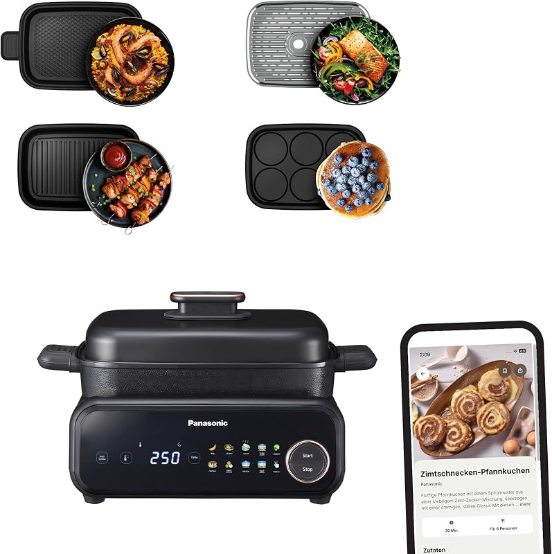 NF-GM400 4-in-1 Elektro-Multikocher, Elektro Tischgrill, Braten, Slow Cook, BBQ, Dämpfen, Sautieren, 1400W, 40–250°C, 9 Auto-Modi, 4 Antihaftplatten, Rauchabsaugung, Schwarz
