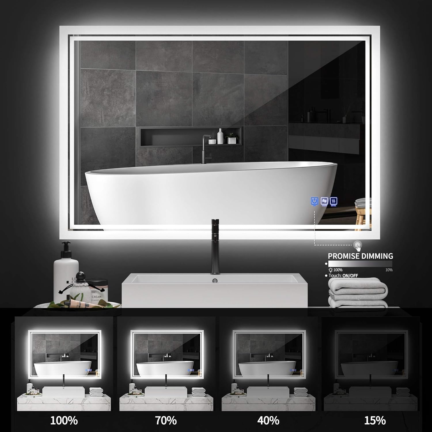 ANTEN 36x24 Inch Backlit Bathroom LED Mirror, Wall Mounted Bathroom Mirrors with LED Light, Horizontal/Vertical Anti-Fog Makeup Mirror: Home & Kitchen