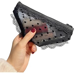 Lace Mesh Transparent Triangle Mini Makeup Pouch with Heart Pattern, Black