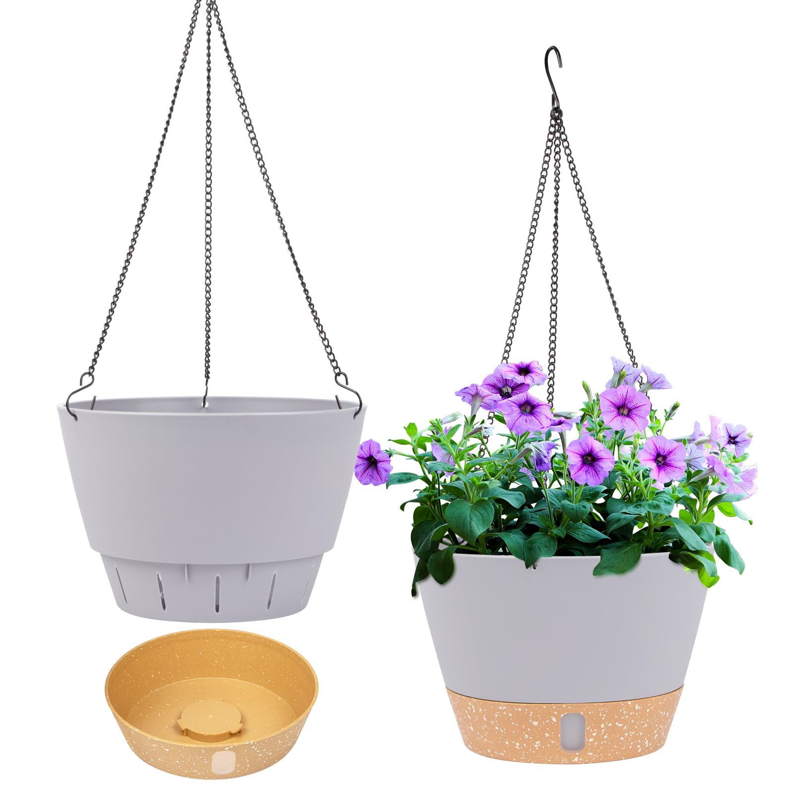 QCQHDU 2 Pack Hanging Planters Set,20cm Indoor Outdoor Hanging Plant Pot Basket,Hanging Flower Pot with Drainage Hole with 3 Hooks for Garden Home(Light Grey)