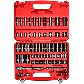 VEVOR Impact Socket Set 3/8" Drive, 64-Piece Standard SAE (5/16 to 1 inch) & Metric (6 to 24 mm) Size, Deep & Shallow, 6 Point, CR-V, Ratchet Handle, Extension Bars, Universal Joint, Adapters