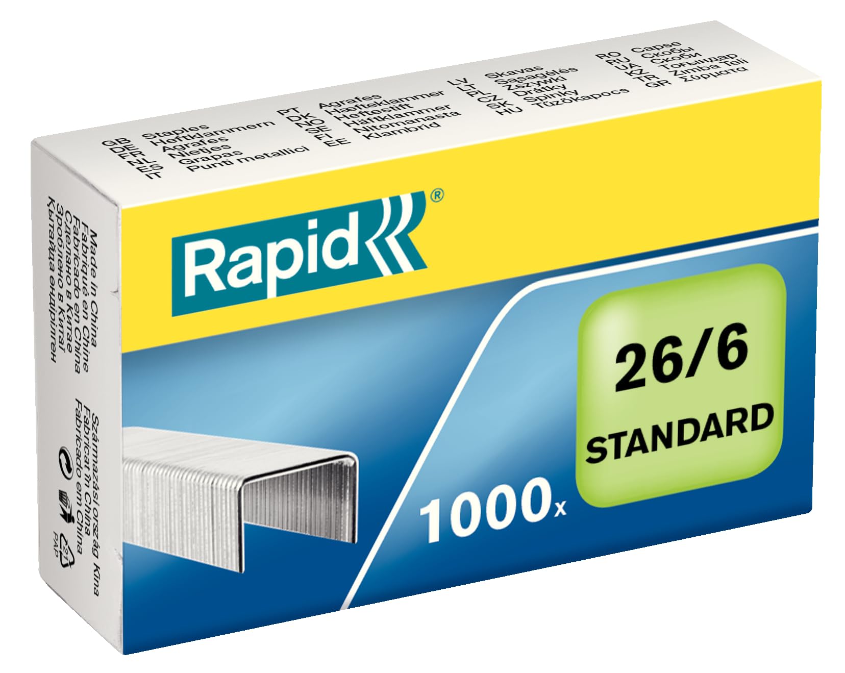 Rapid 26/6mm Standard Staples, For Stapling up to 20 Sheets, Use with Desktop and Electric Staplers, Galvanised Wire, Box of 1000, 24861300