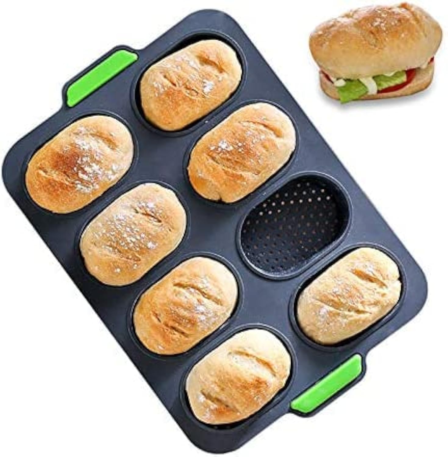 RoseFlower Silicone Bread Tin for Baking, Non-Stick Loaf Tin Silicone Baguette Baking Tray with Handle for Baking Loaves, French Breads, Breadstick, Bread Rolls (8 Grid, Grey)