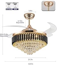 52" Dimmable Gold Fandelier Crystal LED Ceiling